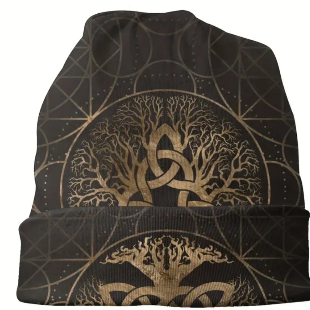Black and Gold Slouch Beanie with Triquerta Tree Of Life Design
